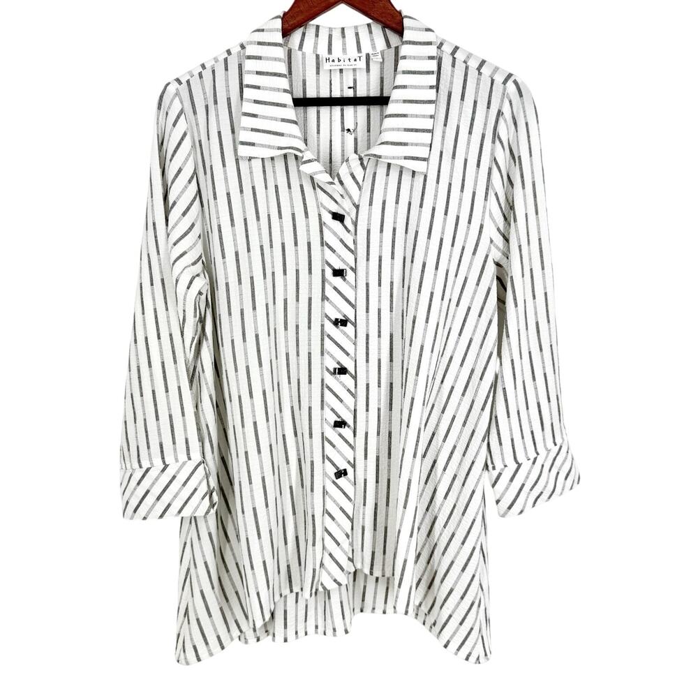 Habitat Small White Black Long Sleeve Wearable Art Blouse Shirt Top Artsy